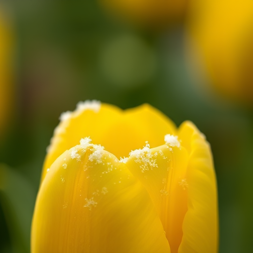 close-up shot of a yellow tulip with snowflakes on its petals, soft focus background, natural light, aperture f2.8, shutter speed 1/200, ISO 100, macro lens, DSLR camera