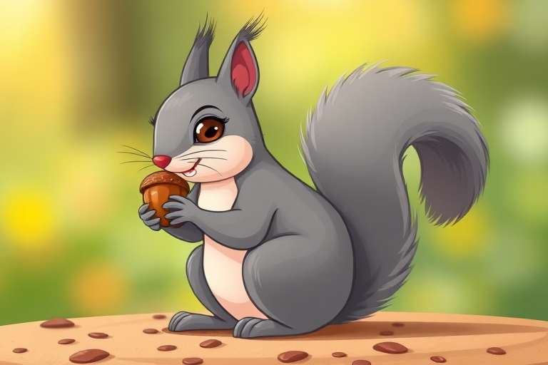 Create a high-resolution cartoon image of a gray squirrel sitting down and holding an acorn, with a clean, vibrant background, using a DSLR camera with a 50mm lens, aperture set to f/2.8, ISO 100, and natural lighting for enhanced detail and color contrast.