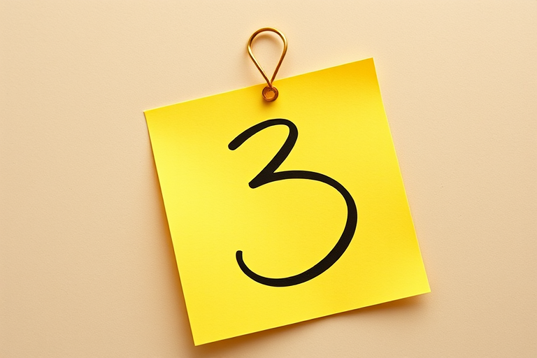 generate a vibrant yellow sticky note with a bold black number three drawn in an artistic style, shot with a Canon EOS 5D Mark IV at f/8.0 for sharpness, ISO 100 for low noise, and a 50mm lens to capture details, with a slight overhead angle for emphasis on the note's texture and color.