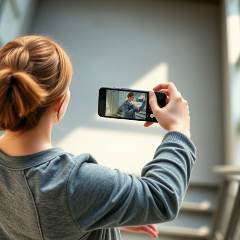 Capture a woman in casual gray clothing taking a photo with her smartphone while standing on a staircase, soft afternoon sunlight, shallow depth of field, 50mm lens, ISO 100, f/2.8, portrait view, DSLR camera.