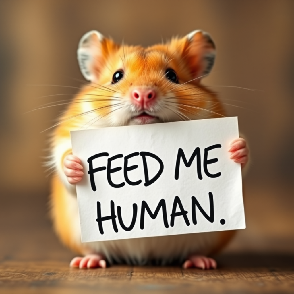 hamster holding a note which says "FEED ME HUMAN"