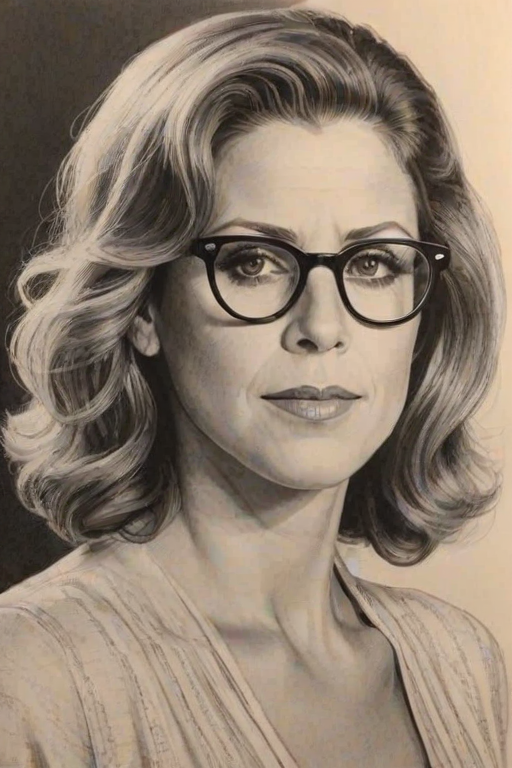 Sublime Rita Wilson, pencil sketch, portrait of Appealing woman 1931s in glasses, hair style beatnik, outline, clear lines, fine lines, 8k