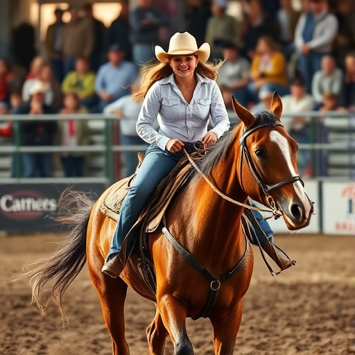 A cowgirl riding a brown horse at a rodeo, with spectators in the background, capturing the action and excitement of the event.