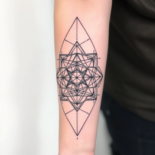 Intricate geometric blackwork tattoo covering the forearm, showcasing interconnected triangles and hexagons forming a mesmerizing optical illusion pattern with precise line work and negative space