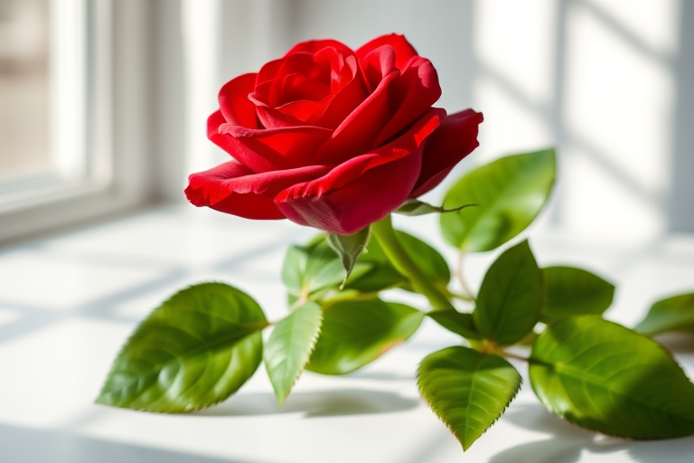 A close-up shot of a vibrant red rose with lush green leaves on a minimalist white table, natural soft lighting from a window creating gentle shadows, using a DSLR camera with a 50mm f/1.8 lens, aperture set to f/2.8, ISO 100, and a shallow depth of field for a delicate bokeh effect.