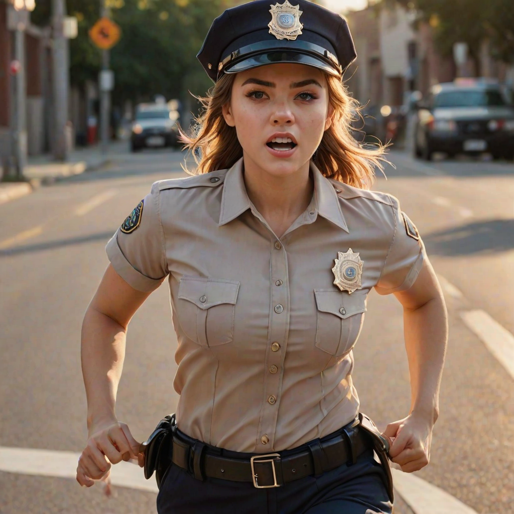 beautiful girl, beautiful face, running, angry,  cute body type, police cap, police, cop, police uniform, Beige, Blunt Cut,   Golden Hour Lighting,  Rule of thirds composition, ultra high res, masterpiece, (photorealistic:1.4), 1girl, cute