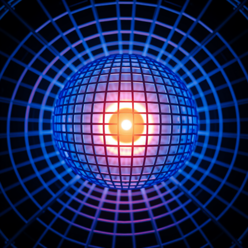 Create a highly detailed 3D render of a blue spherical grid pattern with a glowing center, using a DSLR camera with a 50mm lens, f/1.8 aperture, ISO 100, and a low angle view to enhance depth, utilizing high dynamic range imaging for improved clarity and vibrancy.