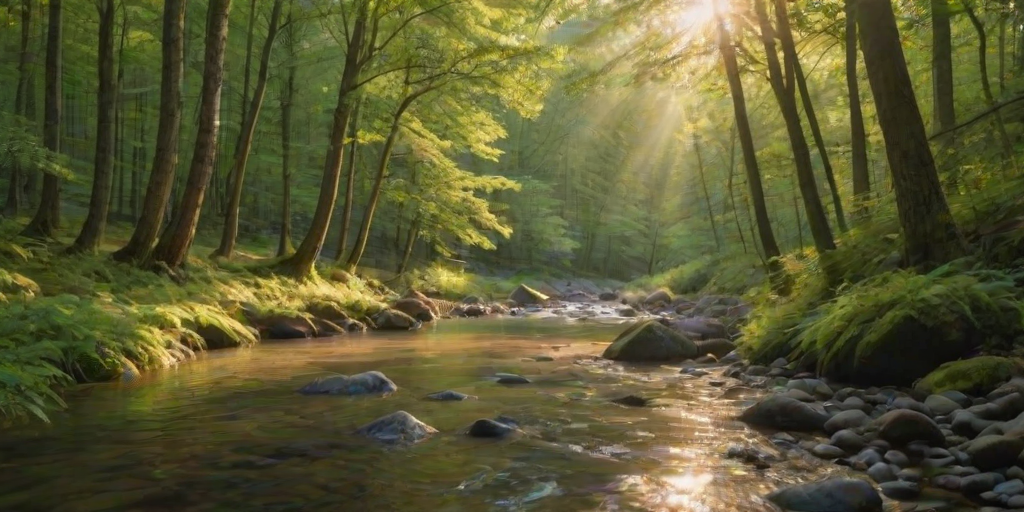 Create an image of a serene, sunlit forest scene with a clear, gently flowing river. Tall trees with lush green foliage line both sides of the river, their leaves bathed in the warm golden light of the setting or rising sun. The sunlight filters through the trees, casting soft, dappled light on the river, which flows over smooth rocks and pebbles, creating a peaceful, natural atmosphere. The sky is bright with a few scattered clouds, and the overall mood is tranquil, evoking a deep sense of connection with nature. The image captures the beauty of a calm, pristine forest landscape at either dawn or dusk.
