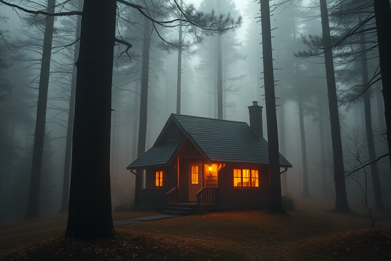 A whimsical cottage in a foggy forest, warm lights glowing from the windows, surrounded by tall, shadowy trees, taken with a Canon EOS R5, 24mm lens, f/1.8 aperture, ISO 400, with a soft focus and warm color grading.