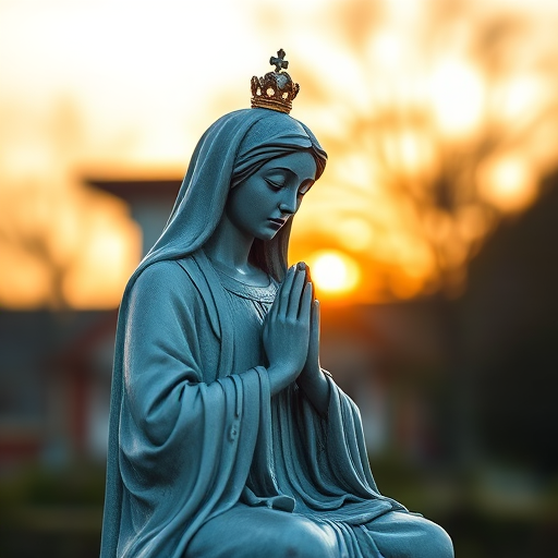 Create an image of a serene statue of a praying woman, captured in soft sunset lighting, using a 50mm lens, aperture f/1.8, ISO 100, shooting from a low angle with a shallow depth of field, in DSLR format to enhance clarity and detail.