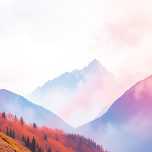 Generate an ethereal watercolor mountain landscape with soft pastel colors, high-resolution, shot with a DSLR camera at f/8 aperture, 50mm lens, and a wide-angle view for depth enhancement.