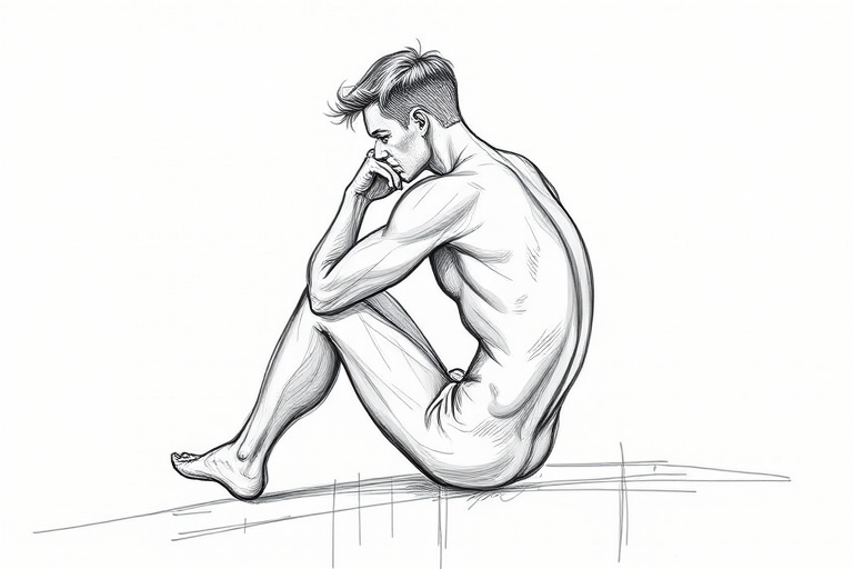 Create a highly detailed sketch of a thoughtful male figure sitting on a ledge, using a Canon EOS R5 with a 50mm f/1.2 lens, aperture f/2.8, ISO 100, shutter speed 1/125 sec, with soft natural lighting and a shallow depth of field to enhance the contours and lines of the body.