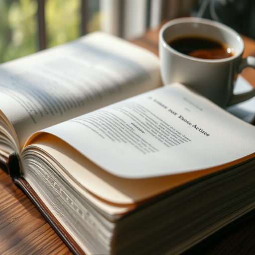 Close-up of a well-loved book with pages slightly curled, resting on a wooden table, soft natural light illuminating the cover and a steaming cup of coffee beside it.