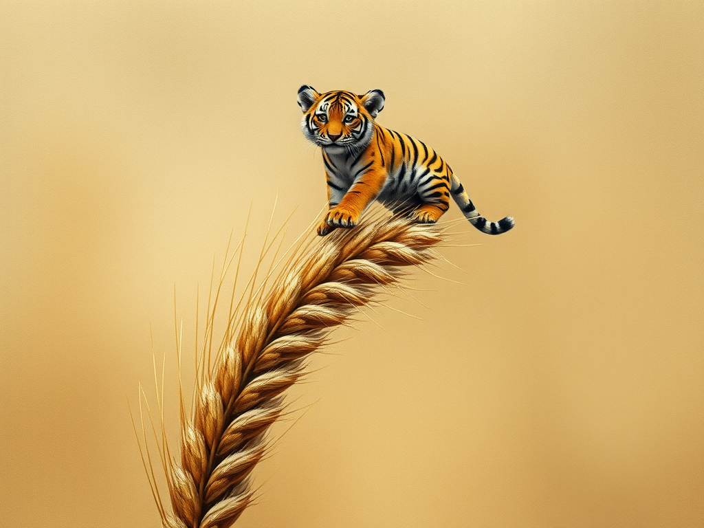 Soft, muted Alcohol Ink with ebru effect background image of tiny whimsical tiger, who climbed high on the top of a golden rye ear.