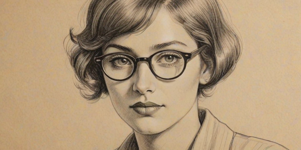 Comely Daya, pencil sketch, portrait of Appealing woman 1924s in glasses, hair style beatnik, outline, clear lines, fine lines, 8k