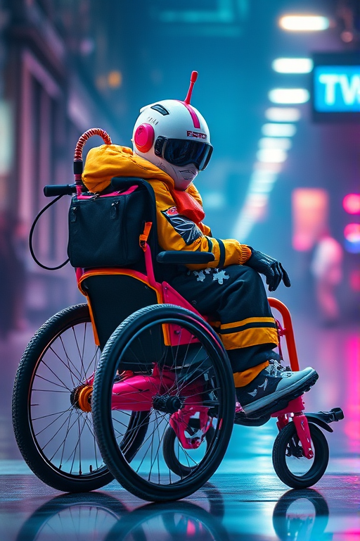 Futuristic punk character in a colorful wheelchair, dramatic lighting, high detail, 85mm lens, f/1.8, ISO 100, soft focus background, vibrant color grading, 4K resolution, digital art style.