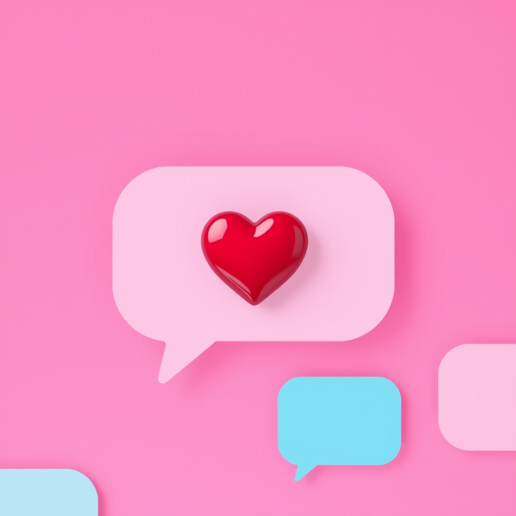 Create a vibrant pink background featuring layered speech bubbles with a glossy heart icon, using a Canon EOS R5 camera, 50mm lens, f/1.8 aperture, ISO 100, and a shallow depth of field to enhance color saturation and clarity.