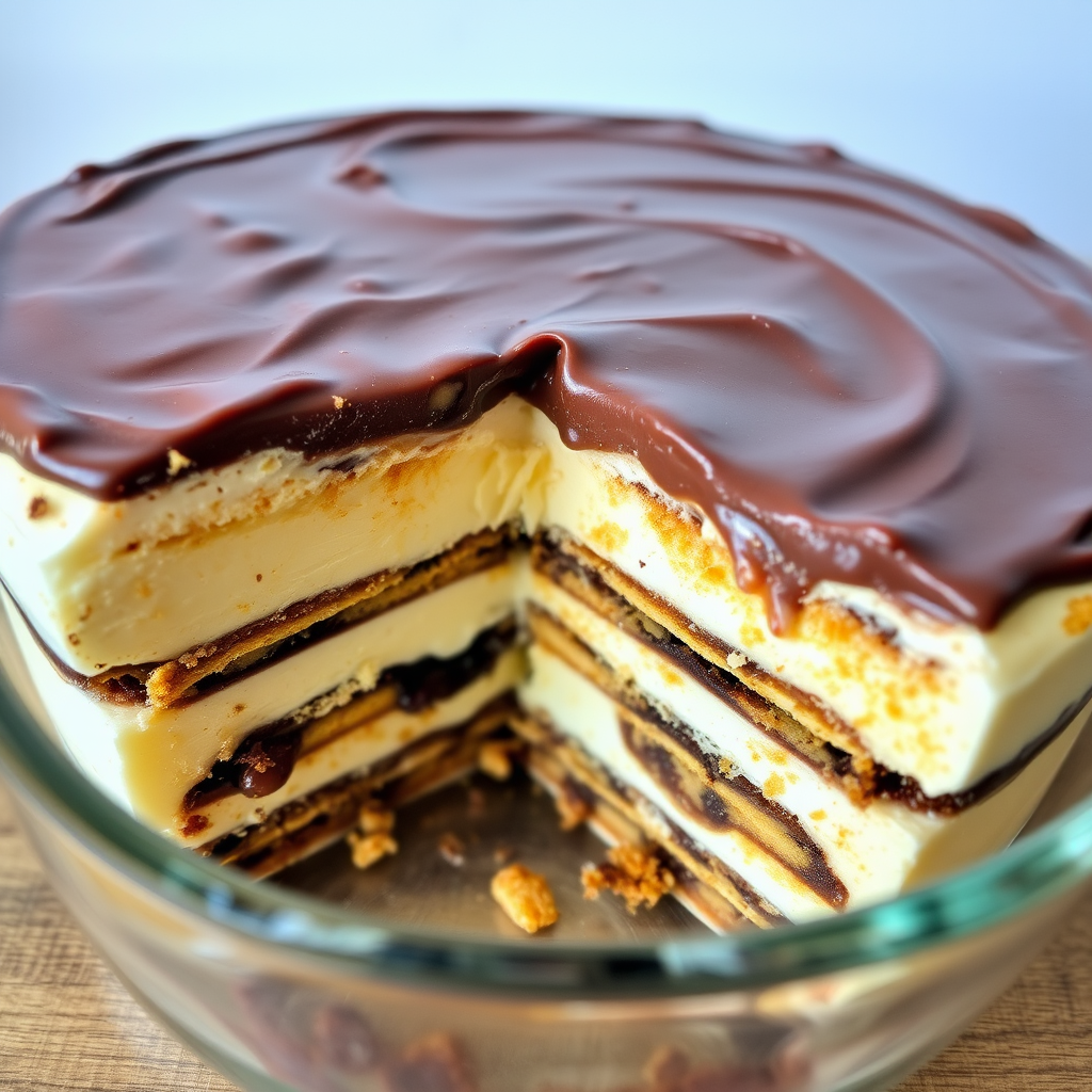 A layered dessert with chocolate ganache on top and visible layers of cream and cookies inside a clear dish, showing a slice cut out to reveal the texture and layers of the dessert.