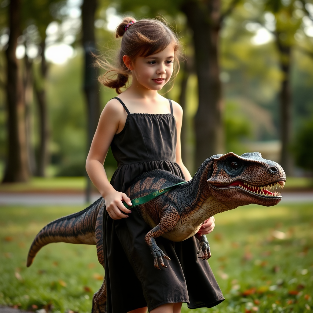 12 year old girl in a dress walking her pet Velociraptor on a leash through a park