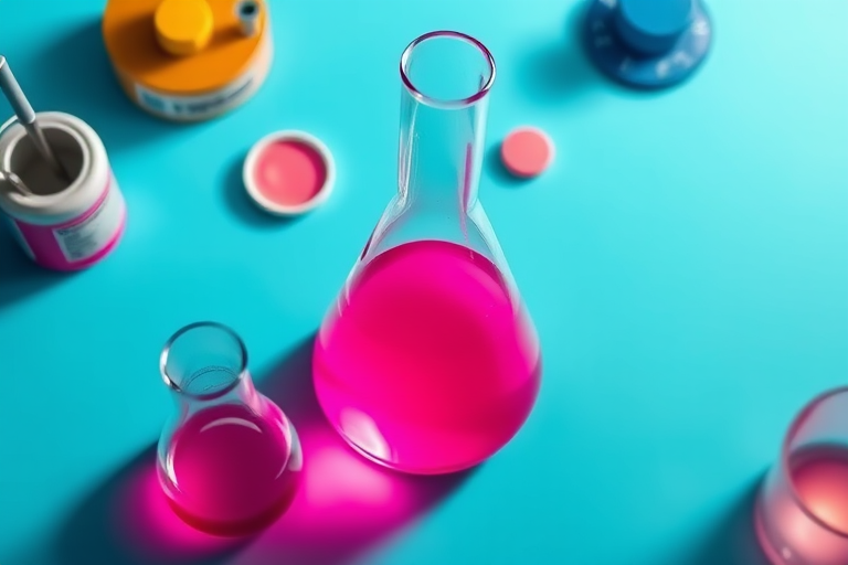 Create a vibrant illustration of a lab flask filled with bright pink liquid, using a DSLR camera with a 50mm lens, f/2.8 aperture, ISO 100, overhead view, natural lighting, high dynamic range to enhance colors and details.