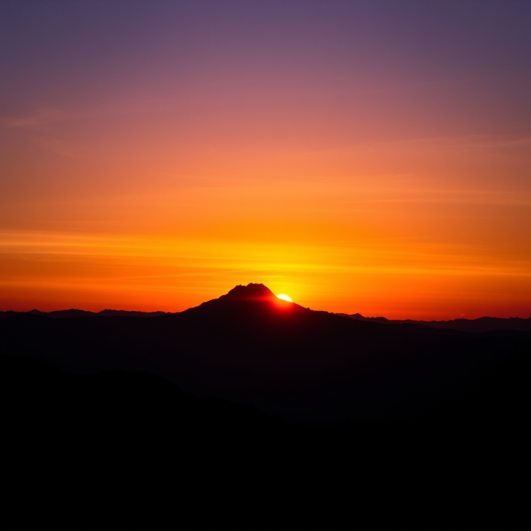 Generate a high-resolution image of a silhouette of a mountain range during sunset, using a Canon EOS 5D Mark IV, 50mm lens, f/8 aperture, 1/125 sec shutter speed, ISO 200, landscape view, dramatic lighting, vibrant colors.