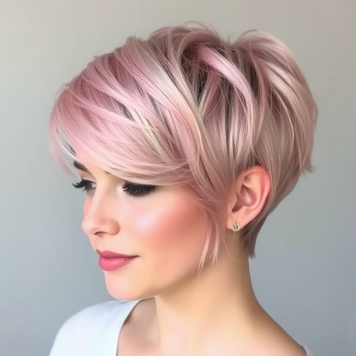 Soft rose gold pixie cut dubbed "Blush Whisper," showcases delicate layers and wispy bangs, featuring a subtle metallic sheen that catches the light beautifully, creating a feminine and ethereal appearance