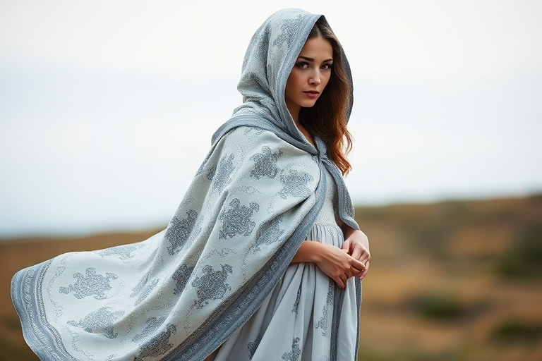 A woman in a flowing silver and white cloak with intricate patterns, standing in a three-quarter view, soft focus background, captured with a DSLR camera at f/2.8, ISO 100, 35mm lens, natural light, portrait mode.