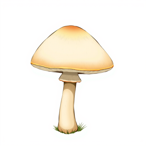 Create a detailed illustration of a mushroom with a smooth cap, tall and slender stalk, featuring beige and cream colors with a touch of yellow on the edge, set against a simple white background in high resolution; camera settings: aperture f/2.8, ISO 100, shutter speed 1/60s; camera view: close-up; camera style: vibrant colors; camera type: digital DSLR.