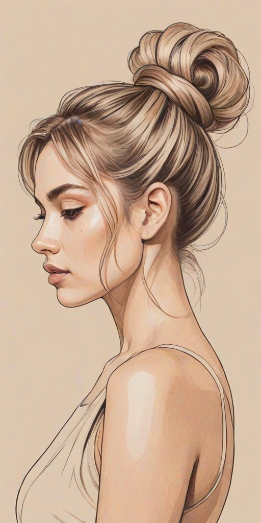 create a minimalist line drawing of a woman with a bun hairstyle facing sideways against a light beige background with abstract shapes in soft colors
