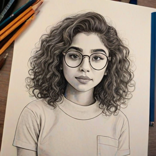 Lovely Alessia Cara, pencil sketch, portrait of Radiant woman 1970s in glasses, hair style beatnik, outline, clear lines, fine lines, 8k