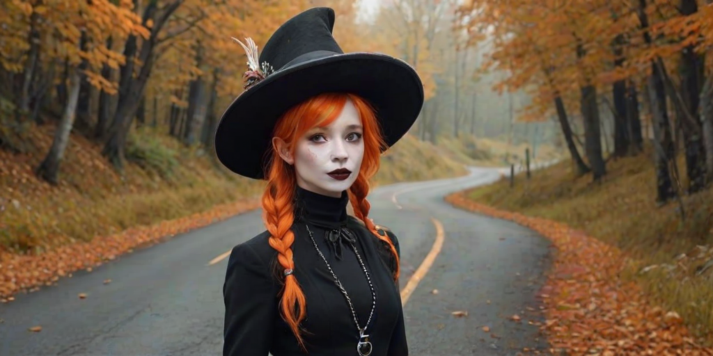 digital art fantasy depicting a strange girl with orange hair, long eyelashes, black lipstick and a tall hat walking along a winding road on an autumn afternoon, an Axolotl smiles as she passes