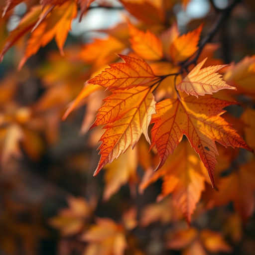 Capture a close-up of autumn leaves in warm orange and green tones, with soft morning light filtering through, using a DSLR camera, 50mm lens, aperture f/2.8, ISO 200, and shutter speed 1/100s for enhanced detail and vibrant colors.