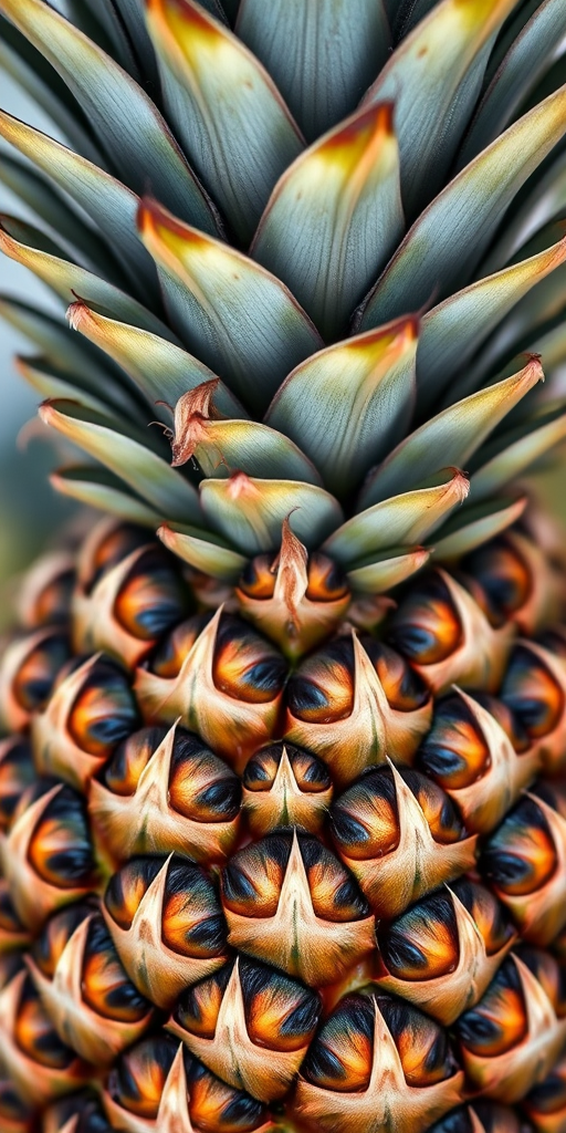 Create a highly detailed and vibrant illustration of a pineapple with realistic textures, capture it using a DSLR camera with a 50mm lens, aperture set to f/2.8 for a shallow depth of field, shot from a slightly elevated view to emphasize the crown, and utilize soft natural lighting for enhanced color contrast.