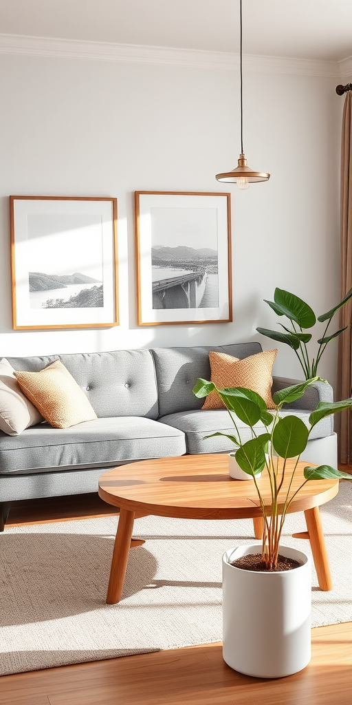 Create a bright and inviting living room scene featuring a modern gray sofa with decorative pillows, a round wooden coffee table, framed artwork on the wall, stylish pendant lights, and a green plant in a white pot, captured with a Canon EOS R5, 24mm lens, f/2.8 aperture, ISO 100, natural light with a focus on interior design aesthetics and warm tones.