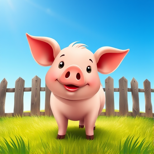 Generate a cartoon pig standing on green grass in front of a wooden fence under a blue sky, focus on vibrant colors and smooth gradients, camera settings: f/4, ISO 100, shutter speed 1/200s, camera view: frontal perspective, camera style: bright and cheerful, camera type: digital illustration.