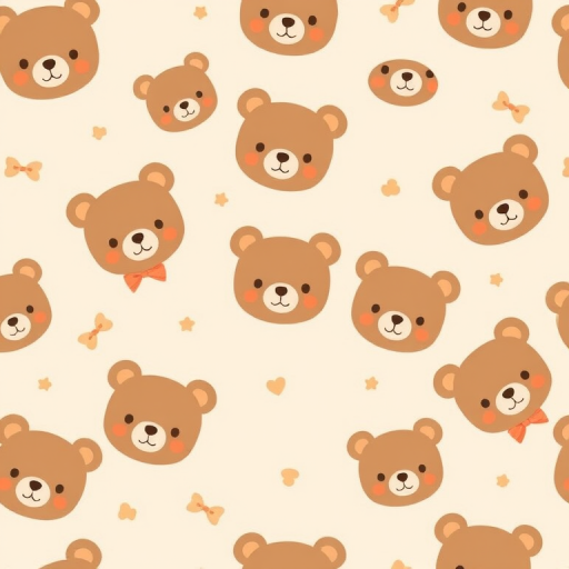 Cute pattern featuring cartoon bear faces in soft brown tones with small bows scattered on a light beige background. The bears have simple facial features and a friendly expression, creating a whimsical and adorable design.