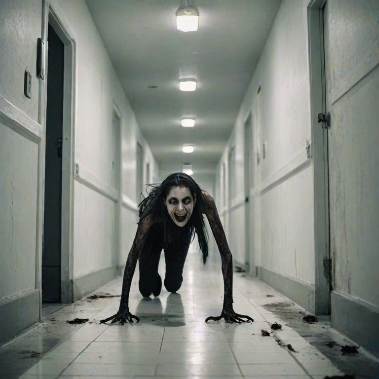 a crooked female with long arms and a creepy smile is crawling along a long white corridor and you can also see cockroaches in it there is a creepy atmosphere creepy art style