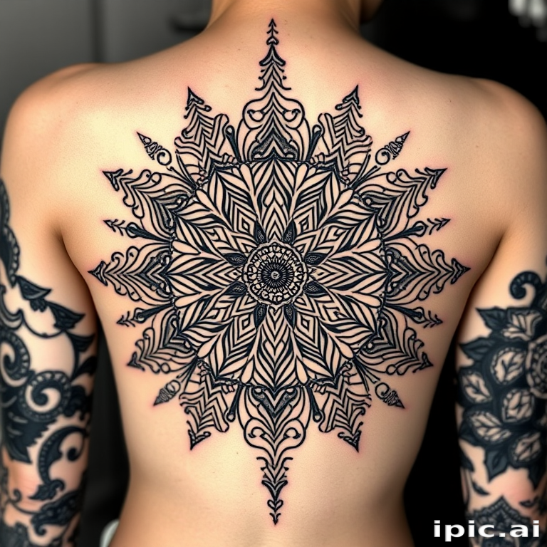 Ornamental blackwork tattoo named "Mandala Majesty" featuring intricate geometric patterns and symmetrical designs inspired by sacred symbols and spiritual art