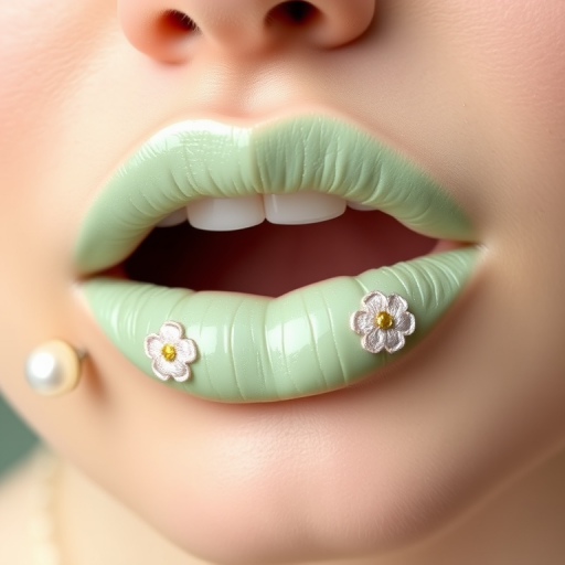 Soft mint green lips with delicate floral embroidery designs, named "Spring Whisper," feature a velvety texture and subtle pearl sheen for garden-inspired tea parties and bridal showers