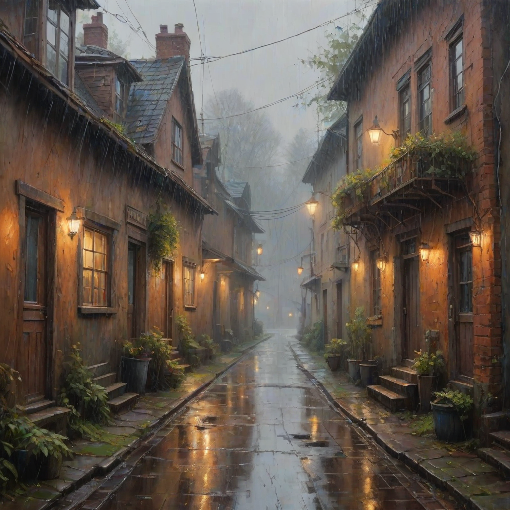 rainy day house painting, fine art painting, fantasy art, 4K, 3D, HDRi, detailed oil painting, high definition art, expressive rustic oil painting, foggy alley, soft focus