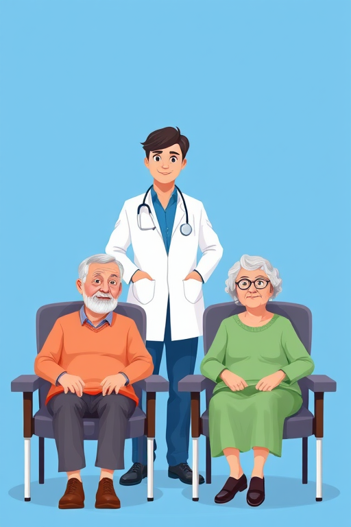 Create an illustration of a doctor standing beside two elderly patients sitting on chairs, with a bright blue background, using a digital art style, capture in high resolution with a focus on vibrant colors, soft lighting, and a clear foreground-background separation.