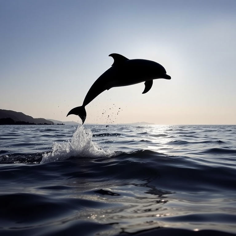 Create a detailed silhouette of a dolphin leaping out of the water, capture it with a DSLR camera at f/4, ISO 100, shutter speed 1/500 seconds, using a telephoto lens with a wide-angle view for clarity and depth in a coastal setting.