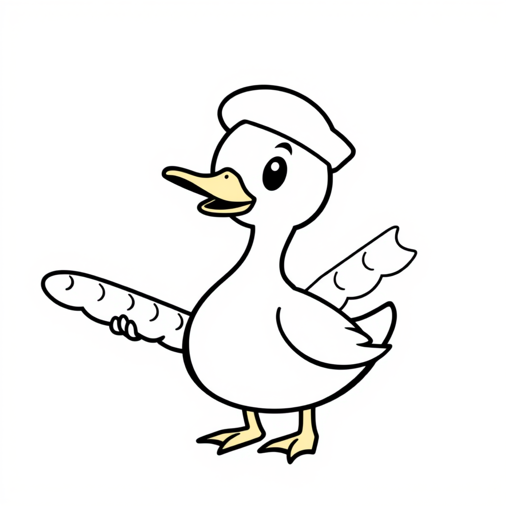 Draw a cartoon duck wearing a beret holding a baguette in its wing with a simple black outline style on a white background.
