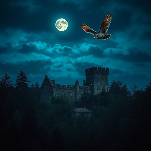 create a dramatic night scene of a ruined castle surrounded by dense trees with a moonlit sky and an owl flying in the foreground, using a DSLR camera at f/2.8 aperture, 50mm lens, ISO 400, with a slight vignette effect.