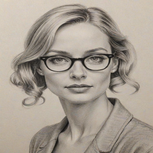 Fascinating Joanne Froggatt, pencil sketch, portrait of Fascinating woman 1954s in glasses, hair style beatnik, outline, clear lines, fine lines, 8k