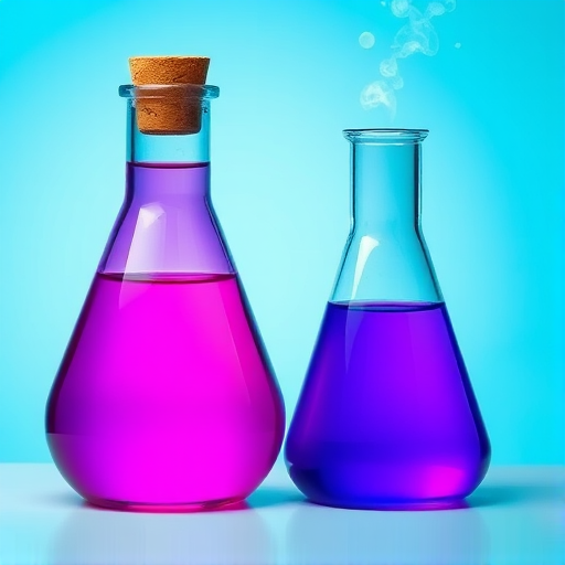 Generate a high-resolution illustration of two laboratory glass flasks side by side with vibrant purple liquids, one with a cork stopper and the other emitting steam, set against a bright teal background, using a DSLR camera with a 50mm lens, aperture f/1.8, ISO 200, and a shallow depth of field for enhanced clarity and detail.