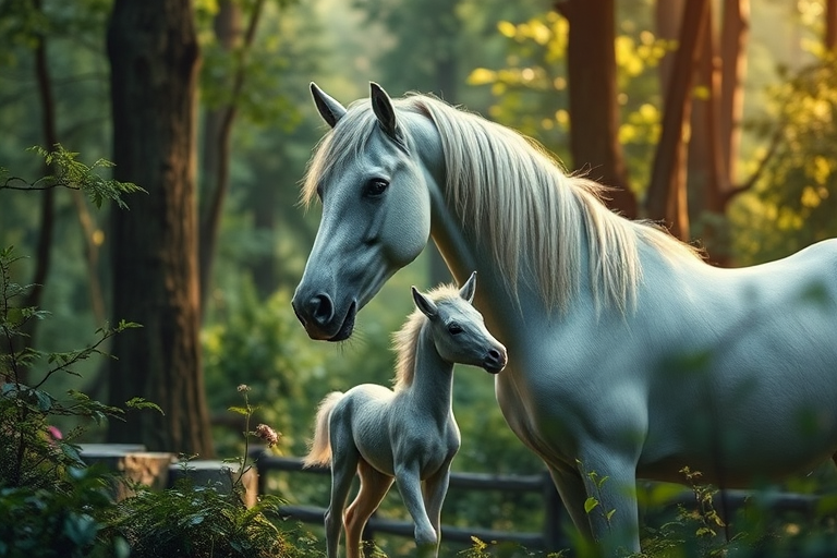 highly detailed fantasy scene of a mother unicorn and her foal in a lush enchanted forest, soft natural lighting, aperture f/2.8, ISO 100, shutter speed 1/250s, portrait view, DSLR camera, high dynamic range imaging