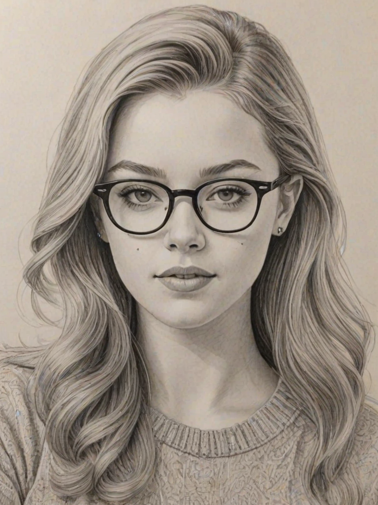 Stunning Jade Pettyjohn, pencil sketch, portrait of Charming woman 1959s in glasses, hair style beatnik, outline, clear lines, fine lines, 8k