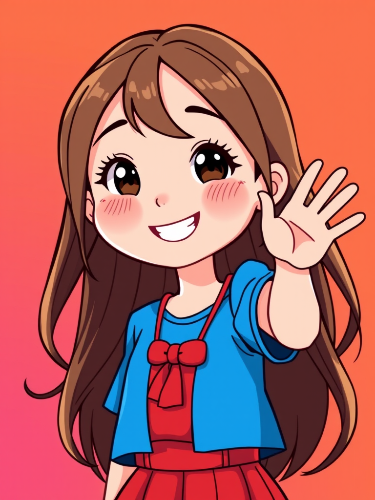 A cheerful cartoon girl with long brown hair, wearing a blue shirt and a red skirt, smiling and waving, captured in a colorful vector art style, using a DSLR camera with a 50mm lens, f/1.8 aperture, ISO 100, and natural lighting for vibrant colors and sharp details.