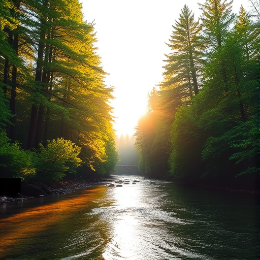 Create an image of a serene, sunlit forest scene with a clear, gently flowing river. Tall trees with lush green foliage line both sides of the river, their leaves bathed in the warm golden light of the setting or rising sun. The sunlight filters through the trees, casting soft, dappled light on the river, which flows over smooth rocks and pebbles, creating a peaceful, natural atmosphere. The sky is bright with a few scattered clouds, and the overall mood is tranquil, evoking a deep sense of connection with nature. The image captures the beauty of a calm, pristine forest landscape at either dawn or dusk.